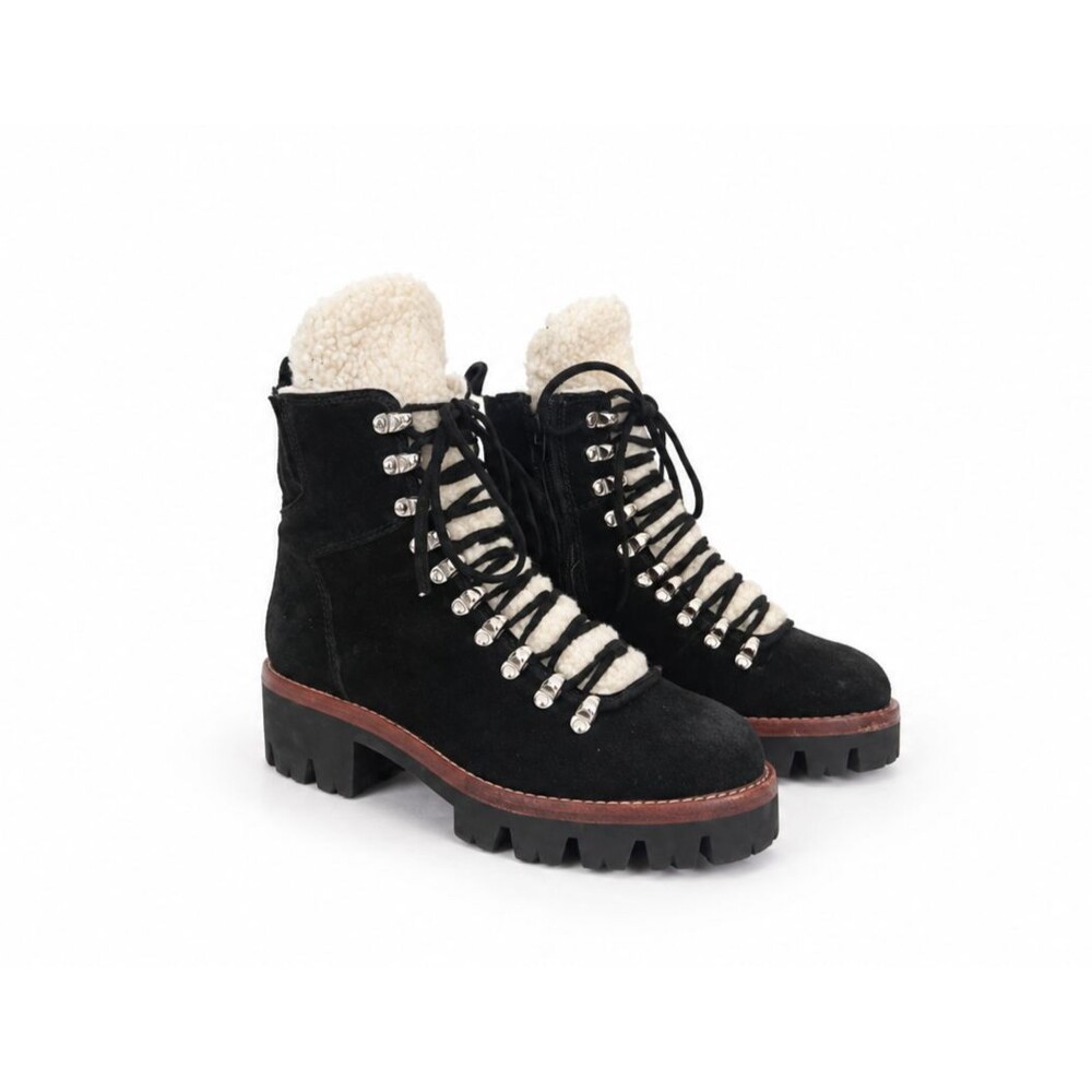 Jeffrey Campbell Black Suede Fur Lined Hiker Combat Boots Apres Ski Womens 7